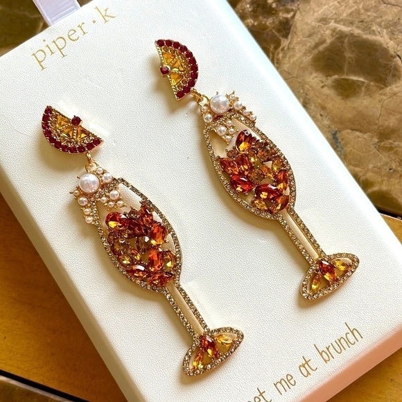 Brand New Piper K “Meet me at Brunch” Cocktail Crystal Rhinestone Drop Earrings - Picture 3 of 12